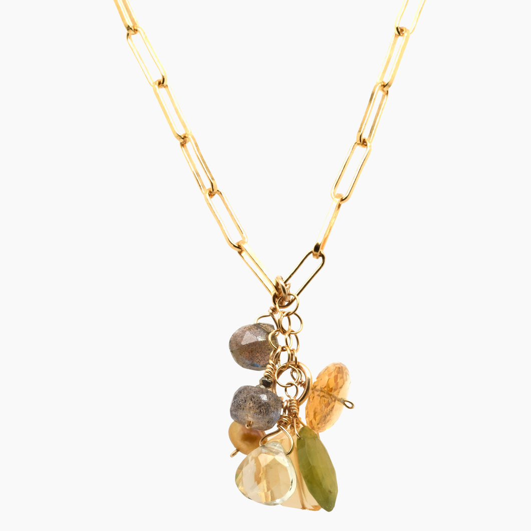 Long Citrine Cluster Gold Necklace