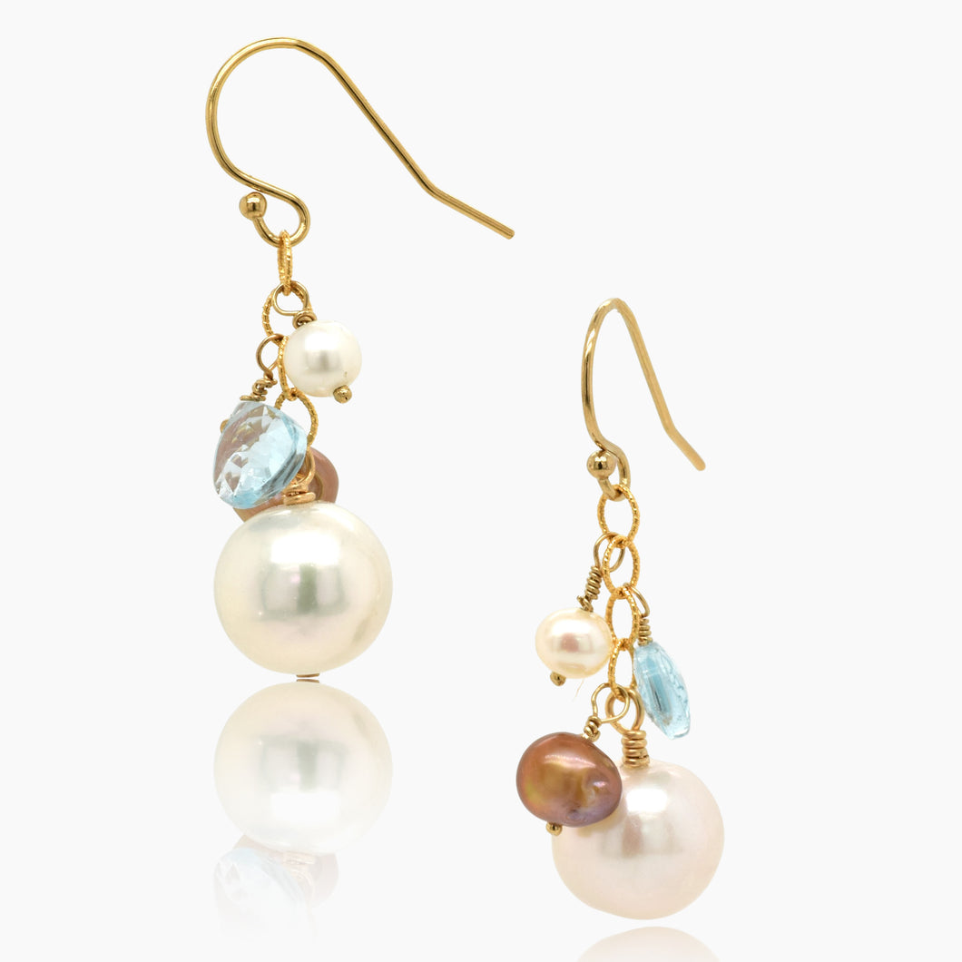 White Pearl Blue Topaz Gold Earring Cluster